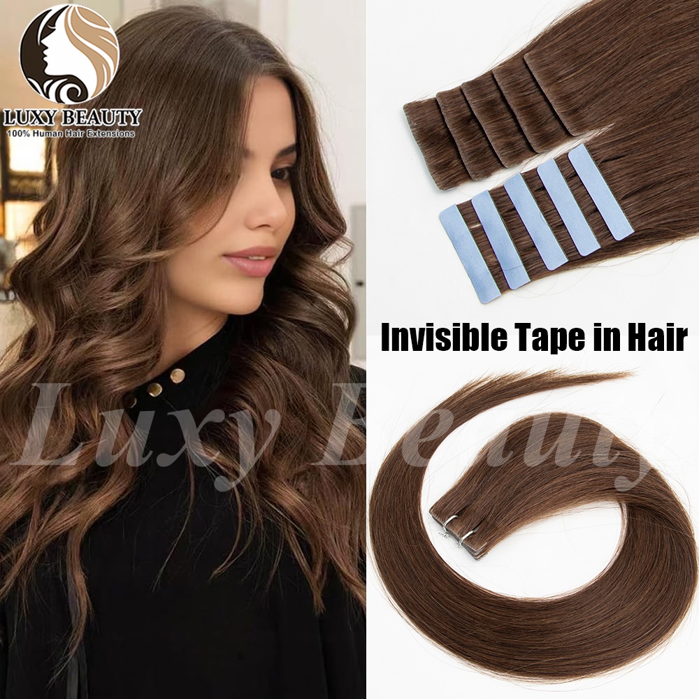 Invisible Tape In Extensions Real Hair - Коричневые невидимые ленточные накладные пряди из