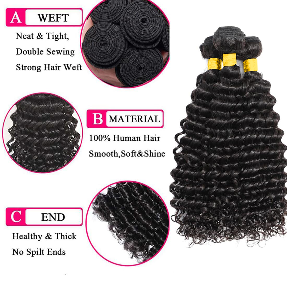 Пучки человеческих волос с зас – обзор и цена Deep Wave 3 Bundles With Closure