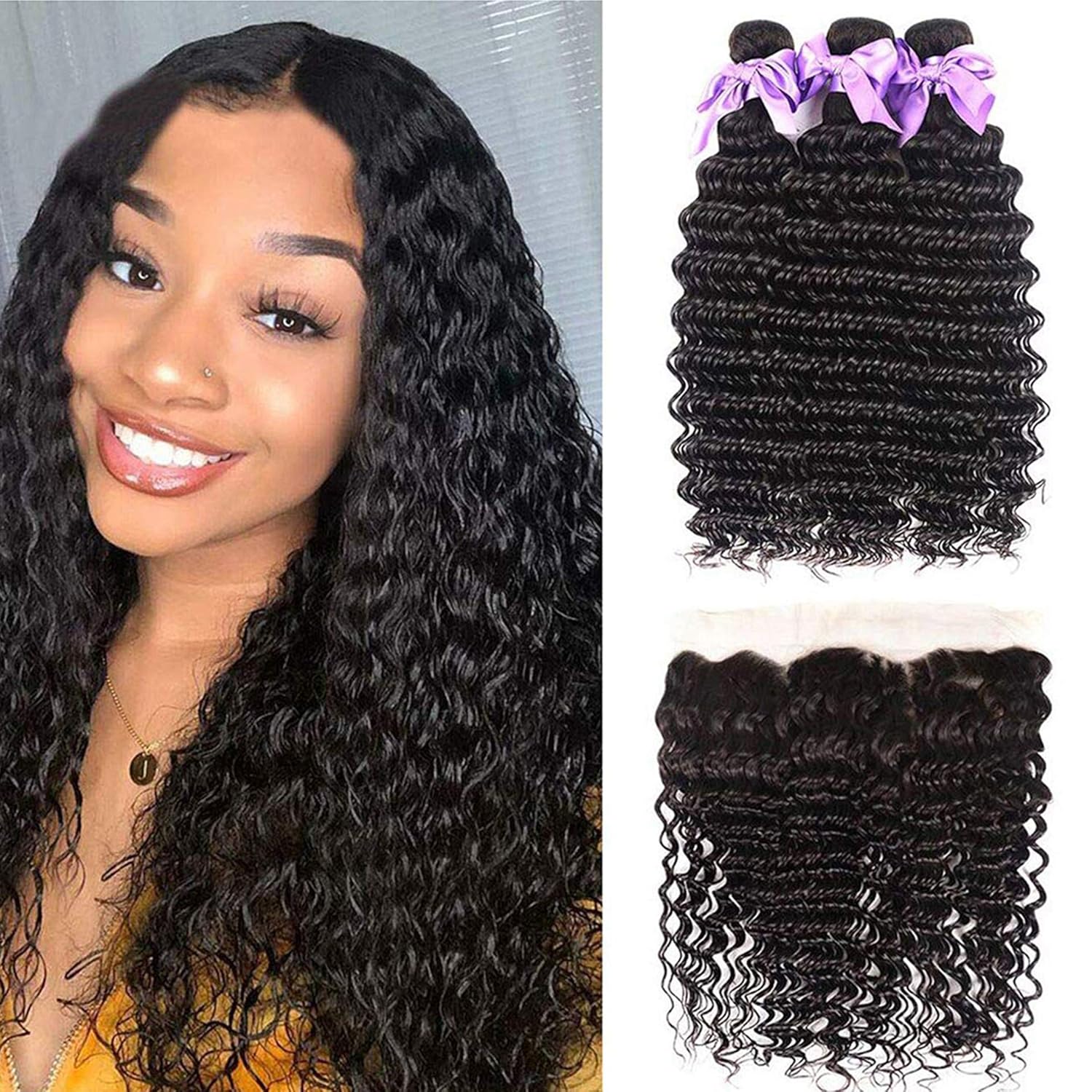 Пучки человеческих волос с глу – обзор и цена Deep Wave 3 Bundles With Closure